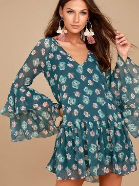Billabong Teal Floral Ruffle Mini Dress